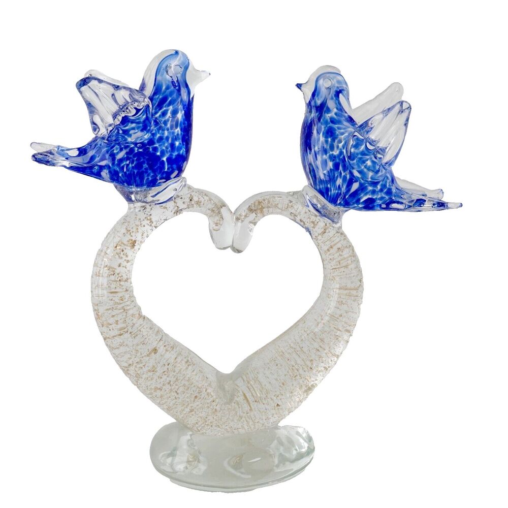 TWO BLUE LOVE BIRDS ON A HEART BRANCH，MURANO? GLASS ART SCULPTURE